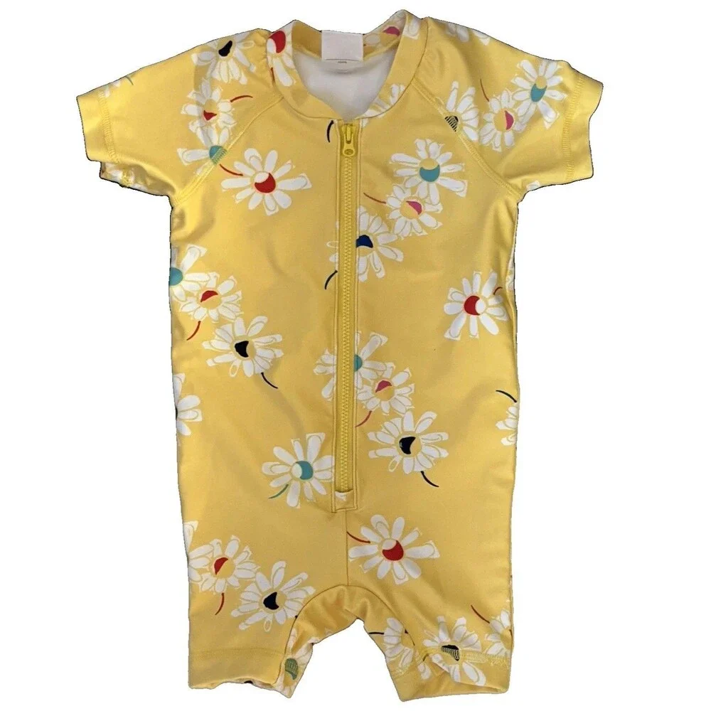 Hanna Andersson Yellow Floral Zip Short Sleeve One Piece Swimsuit 2T